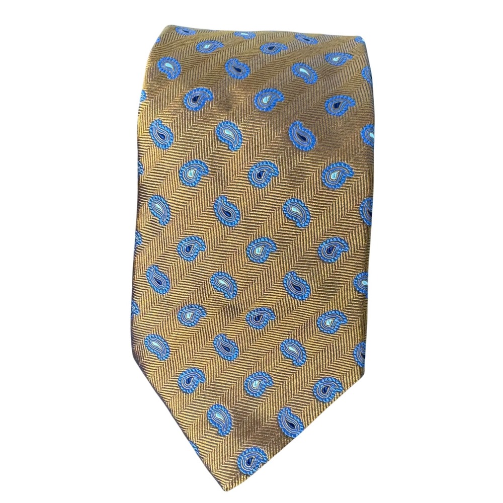 Les Copains Mens Silk Tie‎ Orange Gold Blue Herringbone Paisley Made in Italy